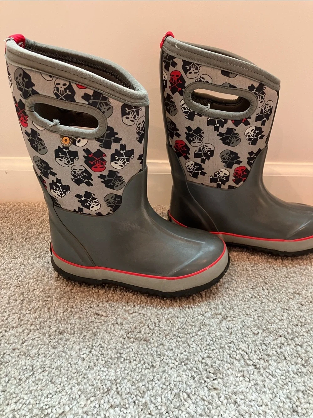 Bogs Kids Grey Skull Rain Boots with Red Accents